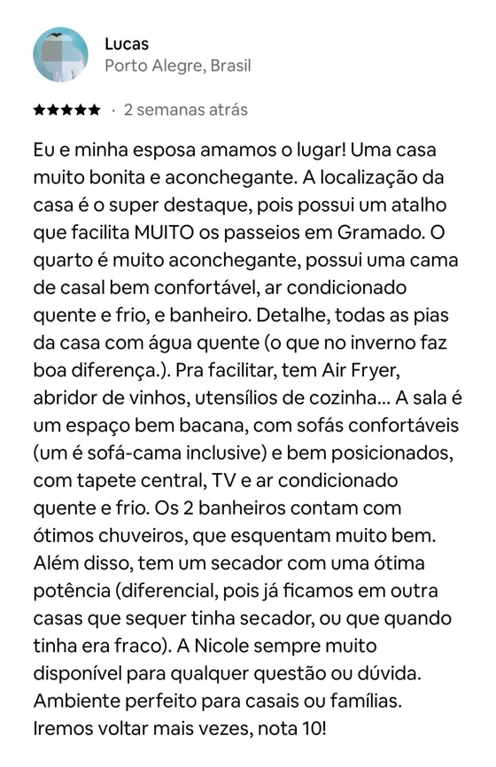 Avaliação de Lucas, hóspede, no Airbnb