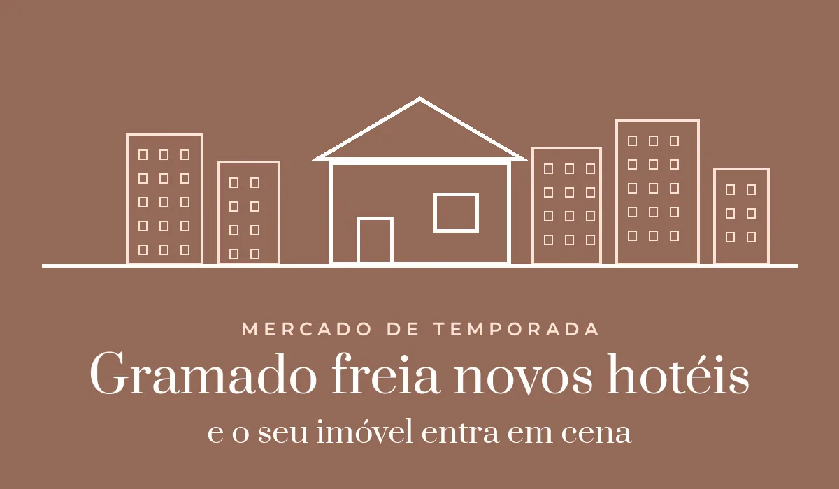 Ilustração da marca: casa em destaque entre prédios — mercado de temporada em Gramado