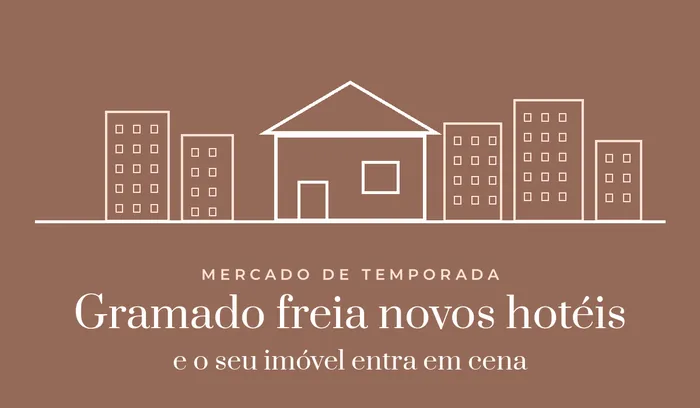 Ilustração da marca: casa em destaque entre prédios — mercado de temporada em Gramado